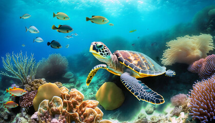 sea ​​turtle underwater with colorful fish