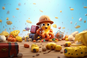 Fototapeta premium funny character of a little friendly octopus-traveler cartoon style, ai tools generated image