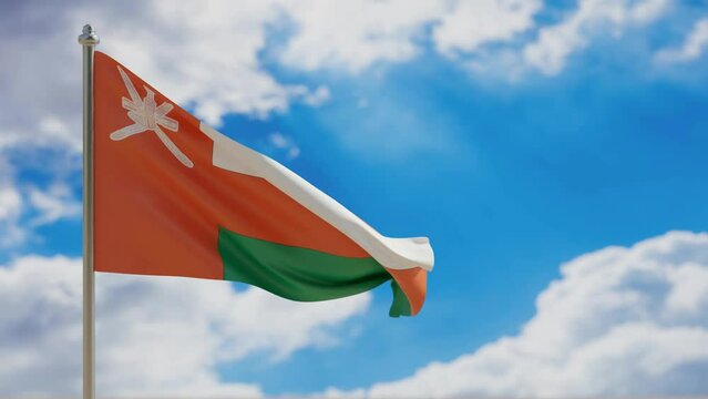 Oman country national flag waving on blue sky background. 3d video footage