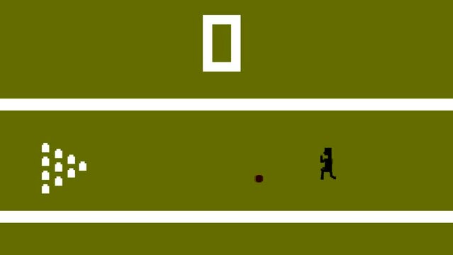 Animation of a game in 8-bit style of a man playing bowling, vintage, pixel art.