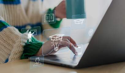 Student use laptop technology internet learning and study online class technology network,...