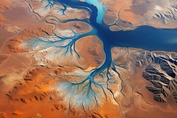 View from orbit of a lush river delta in the middle of a desert. Generative AI.