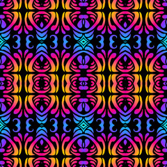 Seamless colourful batik ethnic dayak borneo pattern with flowers line art 