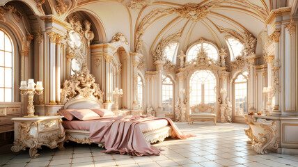 Bedroom interior decorated in fancy posh neoclassicism style with white, beige, golden and pink tones