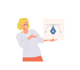 Woman web designer cartoon character presenting innovative graphic tool for website creation