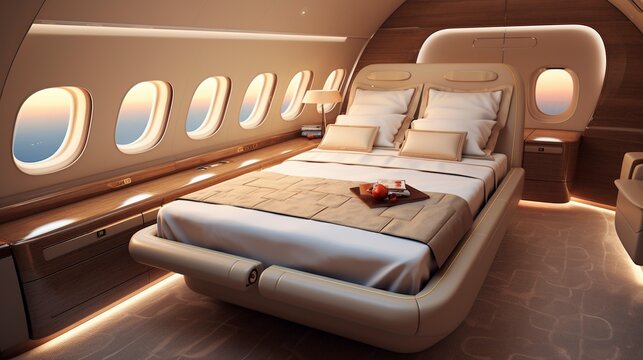 A realistic picture of a comfortable bed inside a private airplane, showcasing luxurious in-flight accommodations