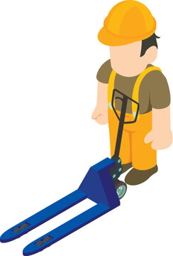 Warehouse work icon isometric vector. Male warehouse worker near hand forklift. Storage concept, equipment