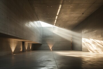 The inside of an abstract concrete building with two rays of light hitting the floor. Generative AI.