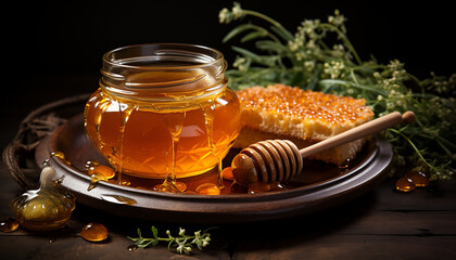 Rustic still life: jar honey,  honey dipper and slices bread. Drops of viscous amber honey. Composition on background of wooden table.