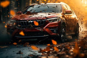 Fototapeta premium Car crash accident in freeze motion on the road