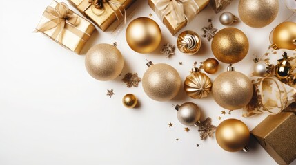 Christmas decoration with golden gift and ball isolated on white background