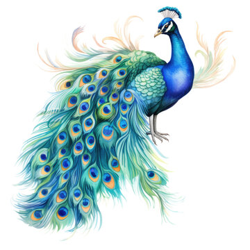 watercolor peacock isolated on a white background, generative ai