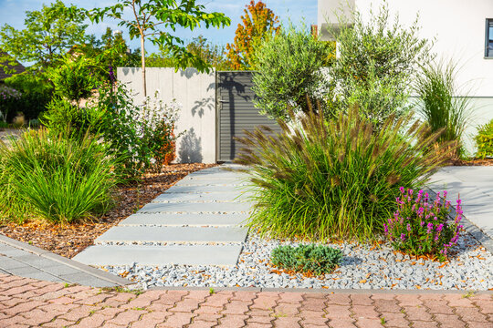 The frontyard of a modern house, garden details with colorful plants and dry grass beds with path