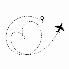 Concept sex travel. Airplane route plane line path with heart. Aircraft tracking, love travel. Vector illustration.