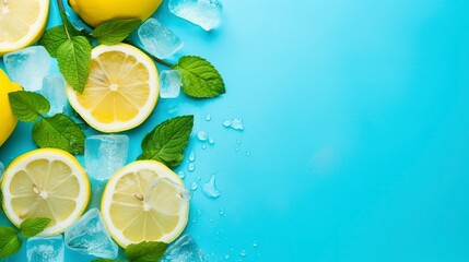 Vibrant summer composition featuring a lemon slice, fresh mint leaves, a can of soda, and glistening ice cubes, set against a vivid blue background