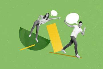 Collage graphics illustration of two young girlfriend with husband communicate chatterbox overjoyed...