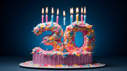 photo 30 birthday celebrating arrangement with birthday cake - obrazy, fototapety, plakaty