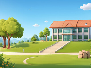 Modern school building with beautiful nature landscape, Back To Education Concept Illustration