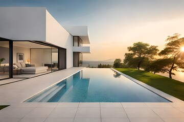 Exterior of modern minimalist cubic villa with swimming pool view