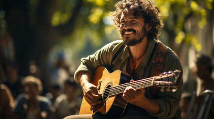 Obraz premium Cheerful street musicians playing a guitar.