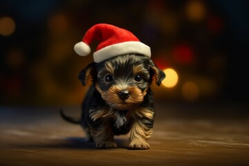 Cute puppy in Santa Claus hat or christmas red cap. Yorkshire Terrier dog. AI generated, human enhanced