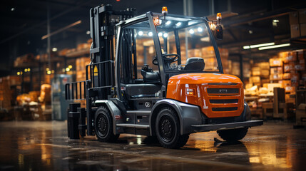 Forklift working in warehouse stock industrial premises.