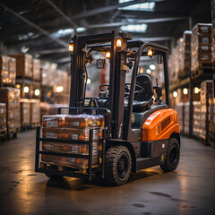 Forklift working in warehouse stock industrial premises.