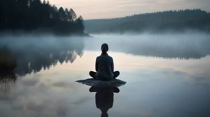 Zelfklevend Fotobehang person meditating on the lake © Tim Kerkmann