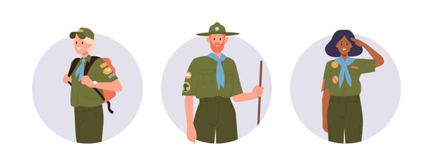 Scout children, teenager, adult man cartoon character wearing uniform isolated round composition set