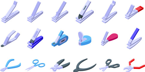 Nail Clippers icons set isometric vector. Cut manicure. Clipper trim - obrazy, fototapety, plakaty