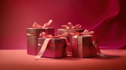 Fototapeta na wymiar Pink gift boxes on red background