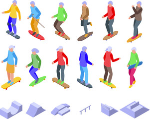 Elderly people on skateboard icons set isometric vector. Park senior. Mom nature