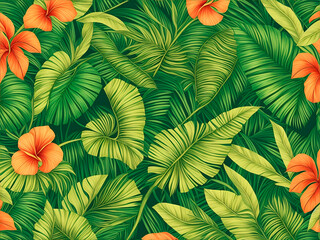 Fondo textura con hojas verdes y flores anaranjadas. Vista de frente y de cerca. IA Generativa