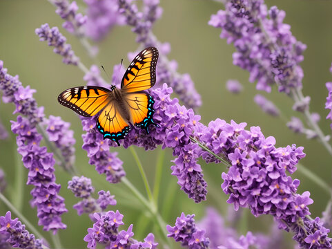 Una mariposa monarca posada sobre una flor de lavanda. Vista de frente y de cerca. IA Generativa