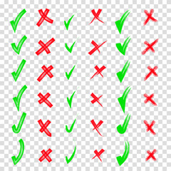 Yes and no. Red and green shape. Brush hand drawn doodle checkmarks and crosses set collection. Scribble, pen sketches. Pencil hand drawn checkmarks and little crosses. Transparent background.