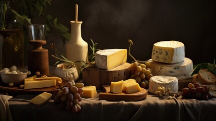 Fototapeta na wymiar Generative AI, Different types of cheese on the table 