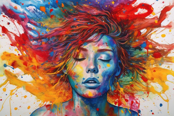 woman lip face illustration paint watercolor beauty style colourful art portrait. Generative AI.