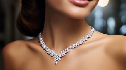 Beautiful woman wear diamond necklace with blur background