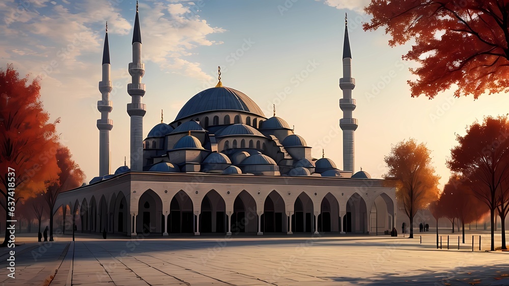 Wall mural fantasy mosque in the autumn panorama, generative ai art