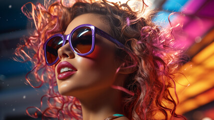 Fototapeta premium Portrait of woman in sunglasses in water park.