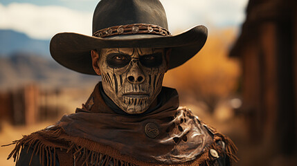 Skeleton cowboy with hat in outdoor background.
