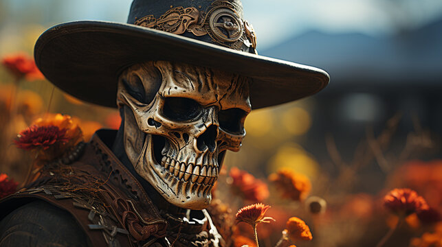 Skeleton cowboy with hat in outdoor background.