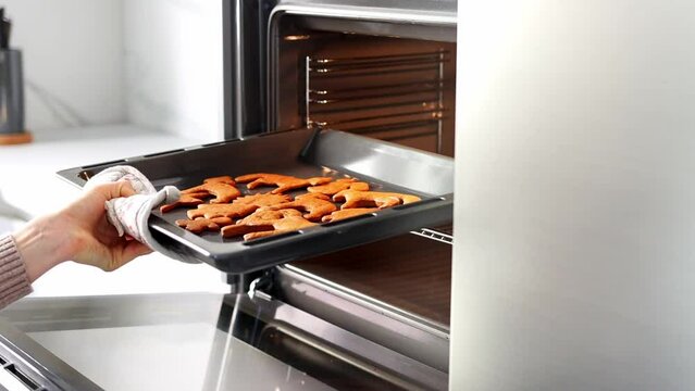 The woman's hands open the oven and stick the baking sheet with ginger biscuits there. A young woman in a white modern kitchen cooking food in an oven close up. Concept of Christmas and New Year