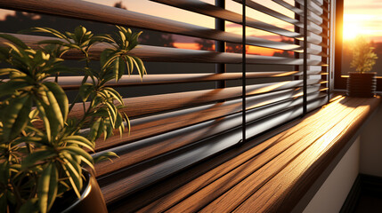 Wooden blinds on the window. Interior - obrazy, fototapety, plakaty