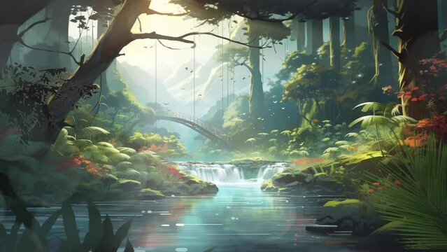 fantasy green forest with nature bridge and beautiful river, Cartoon watercolor painting illustration video style.