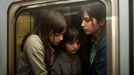 Three young sad girls in window of train car, outside view