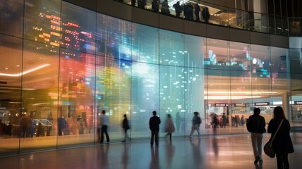 A transparent screen in a shopping mall with interactive stock market graph. AI generated