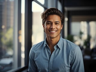 Obraz premium young businessman executive, denim shirt, smiling, office background