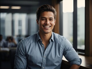 young businessman executive, denim shirt, smiling, office background