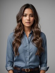 young business executive, women, long hair, denim shirt, studio shot, white background..